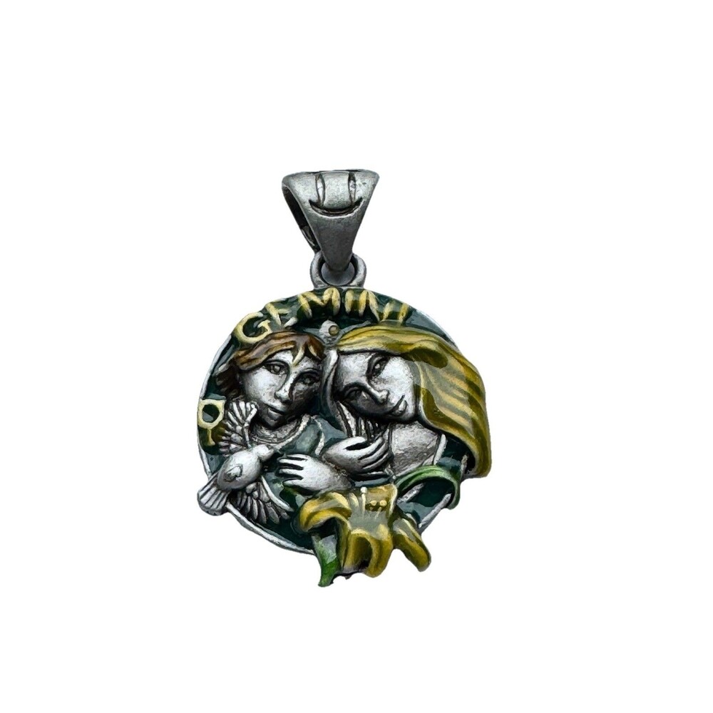 Vintage Gemini Twins Pewter & Enamel Charm Pendant Zodiac 3D Textured Green Ylw